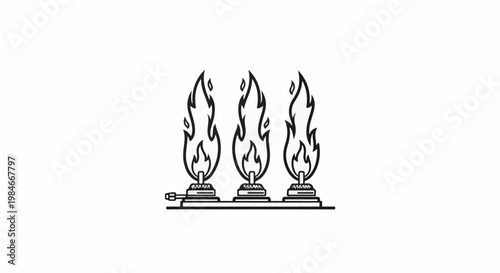 Three stylized flames erupt from burners on a horizontal bar
