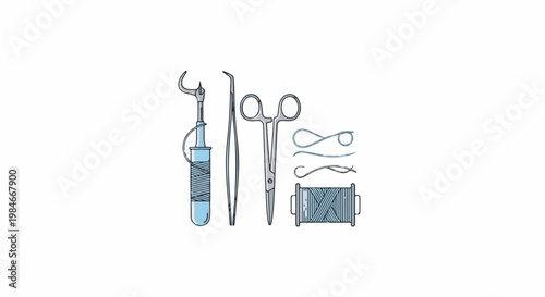 Surgical instruments including forceps, scissors, and suture material