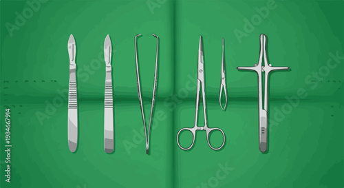 Surgical instruments laid out on a green background