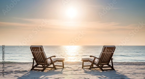 Two Empty Lounge Chairs Facing the Ocean During a Breathtaking Sunrise on the Beach