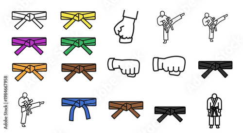Minimalist outlined icon set showcasing martial arts elements, including karate belts of various colors representing skill levels, punching fists, and stylized figures demonstrating kicking 