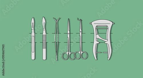 Surgical tools, scalpels, forceps, scissors, and retractor on green