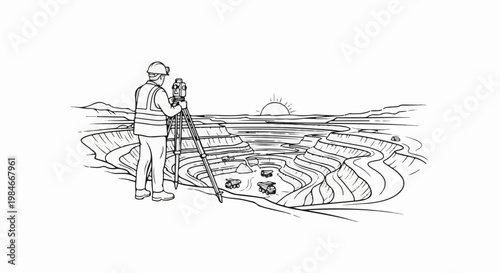 Surveyor surveys large open-pit mine with haul trucks and sunrise