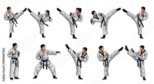 Dynamic sequence of a martial artist, showcasing powerful and acrobatic Taekwondo techniques with various kicks and stances, in a detailed, vector-style artwork with a clean white background