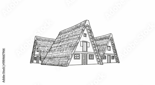 Three thatched roof A-frame style houses drawn with a sketch effect