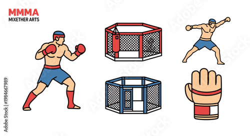Set of isolated linework vector images depicting elements and characters of Mixed Martial Arts (MMA) including boxer, octagon cage, glove, and fight scene in action, with a flat and minimali