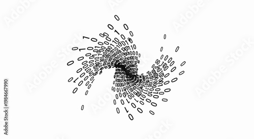 Swirling binary code forms a digital vortex on a white background