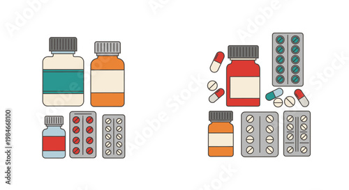 Minimalist vector composition showcasing an array of prescription drug bottles and blister packs of pills, presented in a clean, flat design, suitable for healthcare, pharmaceutical, or medi