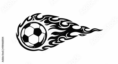 Stylized soccer ball engulfed in tribal flames, appearing to move rapidly