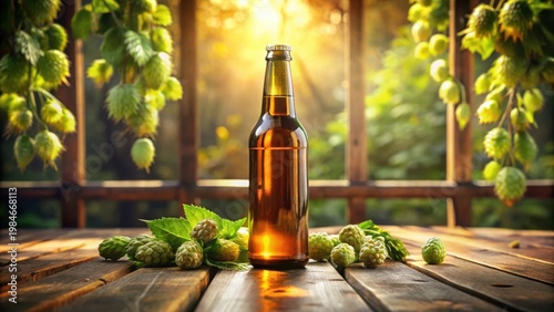 Wallpaper Mural Golden Hour Brew A Bottle of Beer Rests on Rustic Wood with Fresh Hops Torontodigital.ca