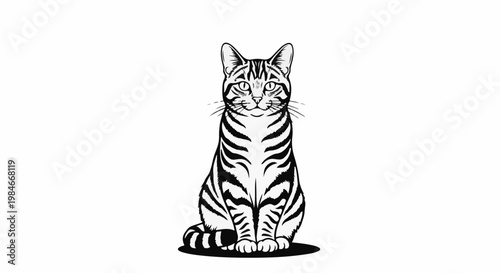 Tabby cat with distinct stripes sits looking forward