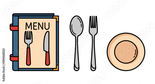 Minimalistic and simplistic vector representation of a restaurant menu, next to silverware spoon, fork, knife, and empty plate, ideal for cafe or diner branding in a flat design style.