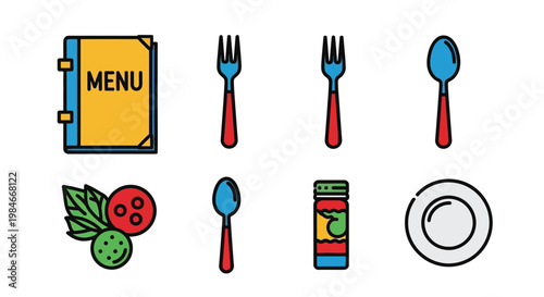 Minimalist vector set of restaurant and food-related flat icons, featuring a menu, cutlery, dish, condiment bottle, and fresh ingredients, perfect for web or print design