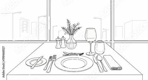 Table set for a meal with a view of city lights and buildings