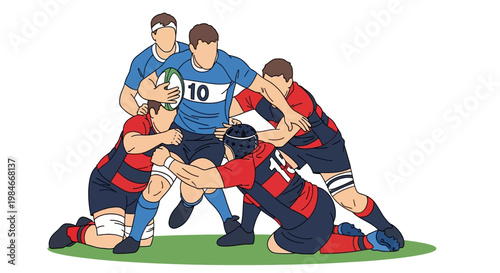 Dynamic stylized vector illustration of a rugby match scrum. Players in action, tackling and competing for the oval ball, showcasing teamwork and athleticism in a vibrant, outlined art style