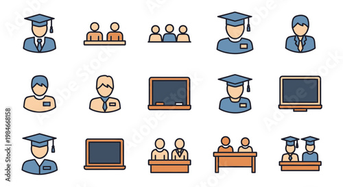 A comprehensive collection of vector-based icons depicting various elements of educational settings, including graduates, students, lecturers, classrooms, and school essentials in a modern, 