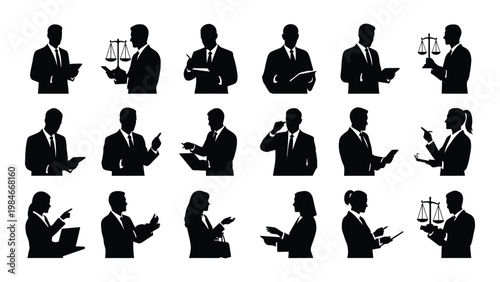 A collection of silhouette figures depicting lawyers and legal professionals in various poses and activities