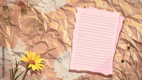 Copyspace design wrinkled paper sticky notes white pink yellow flower green leaves background