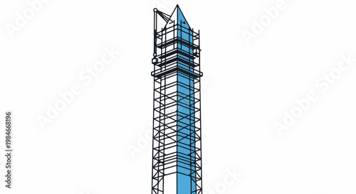 Tall abstract tower structure with scaffolding and blue accent