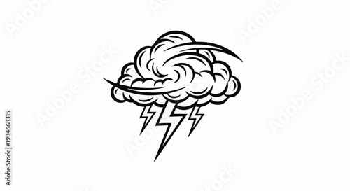 Stylized storm cloud with lightning bolts and wind streaks
