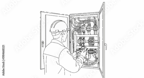 Technician checks electrical panel wiring with digital meter, safety helmet