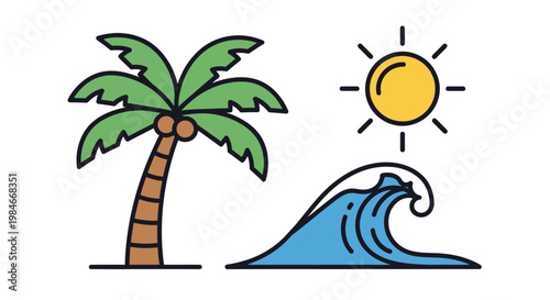 Minimalist vector graphic of a tropical beach scene, featuring a palm tree with coconuts, bright shining sun, and a stylized ocean wave, evoking summer, vacation, and coastal vibes.
