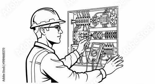Technician checks electrical panel with multimeter, wearing hard hat and safety glasses