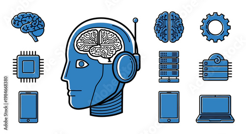 A stylized, vector graphic depiction of a futuristic robot head with a visible brain, surrounded by icons symbolizing artificial intelligence, data processing, technology, and futuristic con