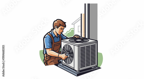 Technician fixing an outdoor air conditioning unit with a wrench