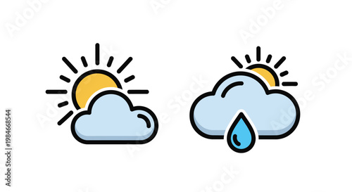 Weather icons showing sun behind cloud and rainy cloud with sun element on white background in flat design style for meteorological forecasting