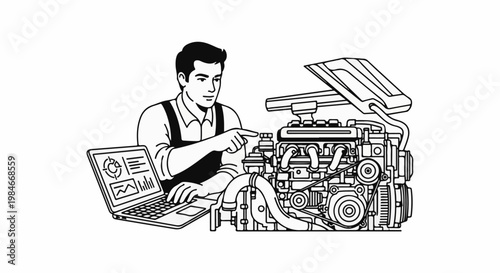 Technician using laptop to analyze a car engine in a simplified illustration