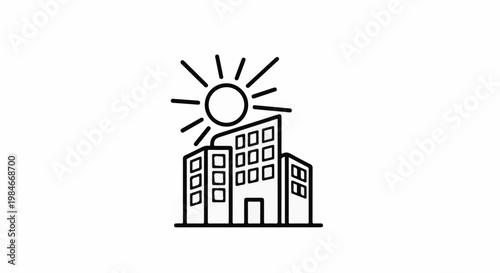 Stylized sun shining brightly above modern office buildings in an urban setting