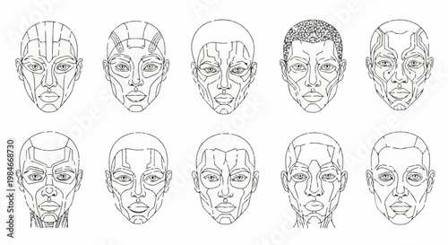 Ten diverse futuristic cyborg face line art designs