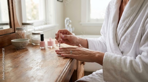 Woman Applying Pink Nail Polish in Bathroom Setting
