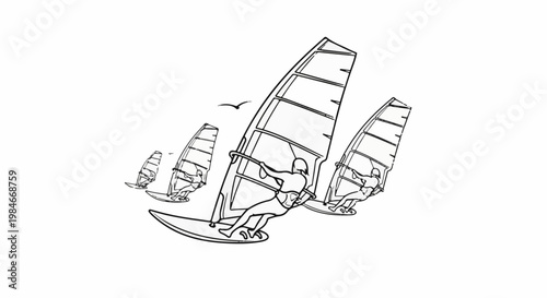 Three windsurfers racing on a white background with a bird overhead