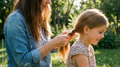 Woman Braiding Hair of a Young Girl in a Garden Setting