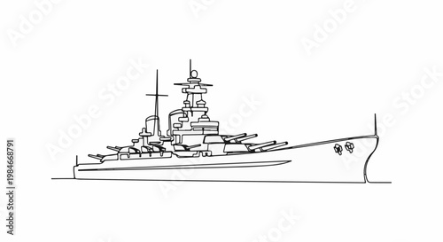 Stylized outline drawing of a large warship with multiple gun turrets and superstructures