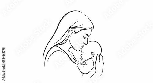 Tender embrace of mother and sleeping infant, simple line art