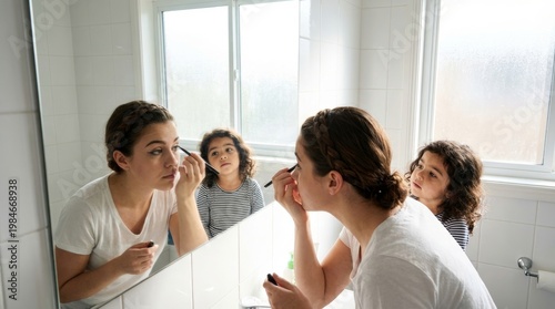 Woman Applying Eyeliner with Daughter in Bathroom Mirror