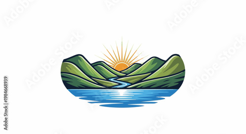 Stylized sunrise over green mountains and a winding river with reflection