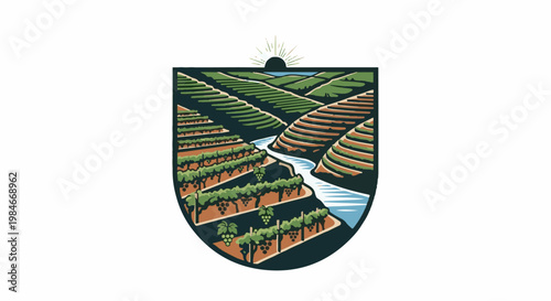 Terraced vineyards carved into rolling hills embrace a winding river under a rising sun