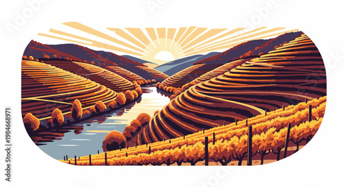 Terraced vineyards along a winding river bathed in golden sunset light