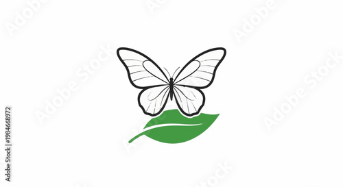 Stylized outline butterfly rests on a vibrant green leaf