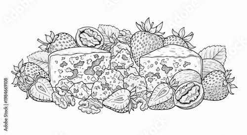 Textured cheese wedges with strawberries and walnuts, a delightful food illustration
