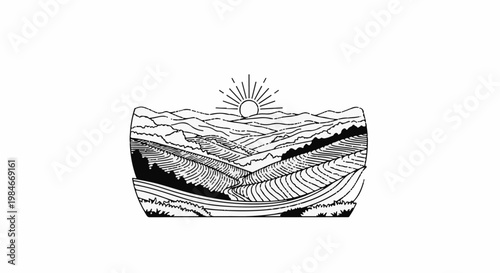 Sunlit rolling hills and cultivated fields, a serene rural landscape