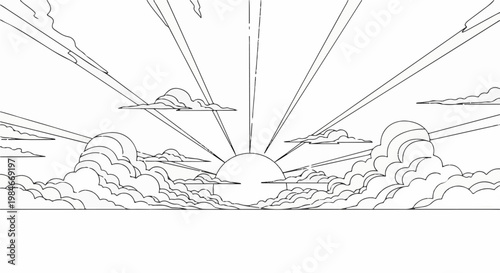 Stylized sunrise with radiating beams through clouds and a flat horizon line