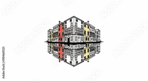 Stylized, symmetrical depiction of colorful buildings reflected in water