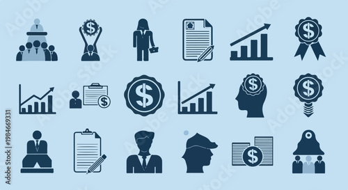A collection of professional business icons featuring financial growth charts, success symbols, and professional silhouettes on a light blue background.