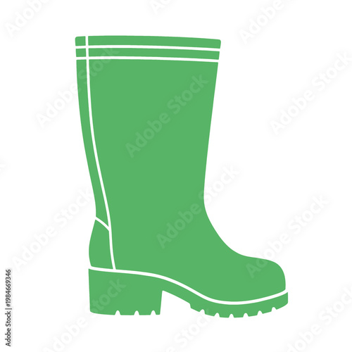Green Rain Boot Flat Icon with Tread Sole