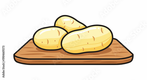 Three yellow potatoes sit on a wooden cutting board